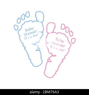 Carte de voeux pour douche de bébé. Empreintes de pied pour bébé. Imprimés de couleur bleue et rose avec texte « douche bébé » Illustration de Vecteur