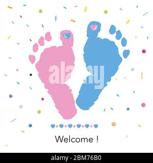 Empreintes de pied pour bébé. Carte de vœux de bienvenue pour bébé. Imprimé bleu et rose avec confettis Illustration de Vecteur