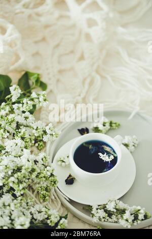 Tasse de thé aux papillons (fleurs aux pois, pois bleus) pour boire sainement, boire des détox et du lilas blanc. Détendez-vous, payez d'abord Banque D'Images