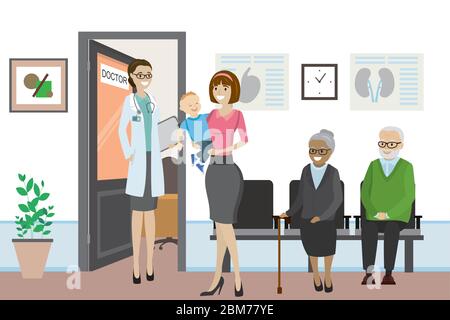 Caricature porte ouverte au bureau du médecin et différentes personnes attendent, infirmière de femme caucasienne devant le bureau, illustration vectorielle plate Illustration de Vecteur