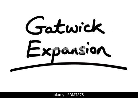 Gatwick expansion manuscrit sur fond blanc. Banque D'Images