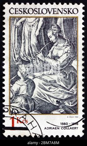 TCHÉCOSLOVAQUIE - VERS 1982: Un timbre imprimé en Tchécoslovaquie montre femme flûtiste, gravure par Adriaen Collaert, designer et graveur flamand, cir Banque D'Images