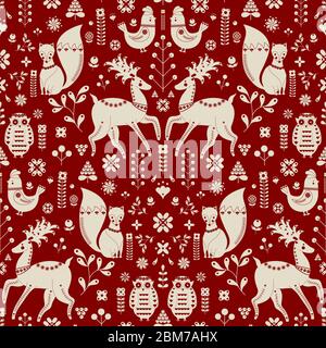 Motif de Noël avec motifs d'inspiration folk scandinave sur fond rouge et répétition de festons réfléchis. Folk scandinave de Noël Illustration de Vecteur