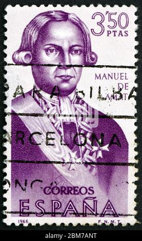 ESPAGNE - VERS 1966 : un timbre imprimé en Espagne montre Manuel de Amat, Viceroy du Pérou, constructeur du Nouveau monde, vers 1966 Banque D'Images