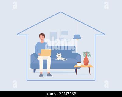 Homme travaillant en ligne avec un ordinateur portable sur le canapé dans le salon de la maison, un chat couché près de lui. Illustration de rester à la maison. Illustration de Vecteur