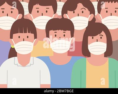 Les gens dans la foule portant un masque médical. Illustration des soins de santé avec des articles médicaux de la pollution et de la pandémie. Illustration de Vecteur