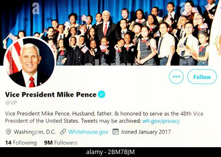 Page Twitter (mai 2020) Mike Pence, vice-président des États-Unis Banque D'Images