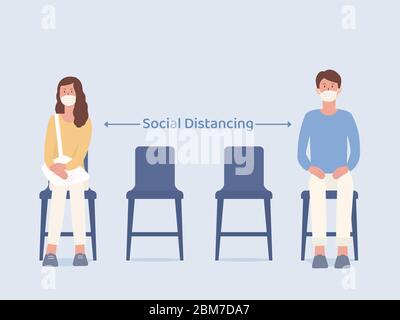 Homme et femmes qui portent un masque assis sur une chaise et font un espace vide pour prendre des distances sociales tout en attendant quelque chose. Illustration de Vecteur