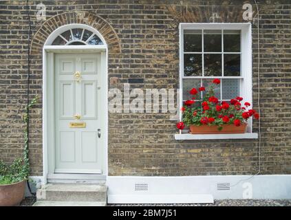 Porte d'entrée d'une maison en terrasse résidentielle bien entretenue dans Batchelor Street, Islington, Londres, avec des géraniums rouges dans un jardinière sur le rebord avant de la fenêtre Banque D'Images