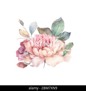 Bouquet de couleur d'eau dessinée à la main avec roses rouges, blanches et bleues, fleurs de pivoine et de lilas et feuilles vertes. Isolé sur fond blanc pour mariage Banque D'Images