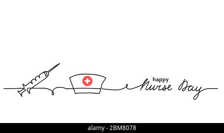 Happy Nurse Day fond vectoriel simple avec seringue, chapeau ou chapeau. Bannière Web minimaliste. Lettrage de jour d'infirmière. Un dessin de ligne continue Illustration de Vecteur