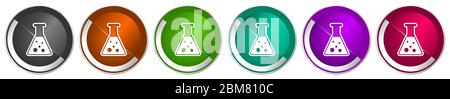 Science, laboratoire, jeu d'icônes de chimie, boutons web vectoriels à bordure chromée argentée en 6 couleurs pour la conception de sites Web Illustration de Vecteur