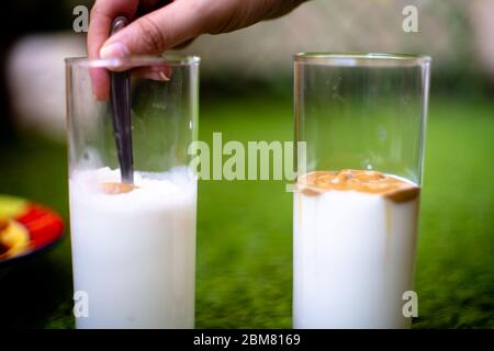Mélanger le café fouetté à une épaisse crème de lait mousseux pour faire du chocolat au café de Dalgona lors d'un pique-nique dans un café du parc de jardin pour se détendre Banque D'Images