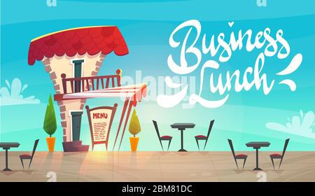 affiche déjeuner d'affaires. street restaurant café of caffee shop concept . dessin animé style médiéval. lumineux gai happy mood café livraison de nourriture . drôle Illustration de Vecteur