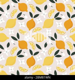 Motif sans coutures pour l'été. Citrons juteux, feuilles et fleurs entiers et coupés. Textile méditerranéen, tissu ou scrapbooking avec agrumes et Illustration de Vecteur