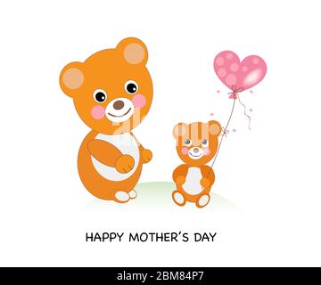 Carte de vœux de bonne fête des mères. Ours adorables célébrant la fête des mères. Ours en peluche tenant un ballon de coeur sur fond vectoriel de la main Illustration de Vecteur
