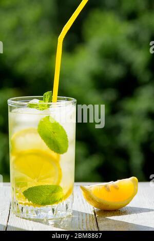 Limonade fraîche aux agrumes dans le jardin, boisson estivale. Banque D'Images