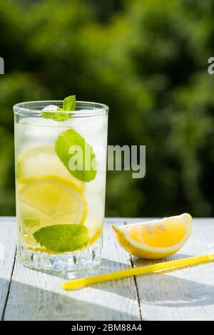 Limonade fraîche aux agrumes dans le jardin, boisson estivale. Banque D'Images