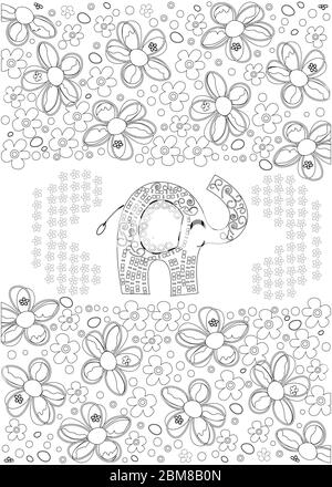 Page de livre de coloriage pour adultes, éléphant dessiné à la main, fleurs de détente et méditation Illustration de Vecteur