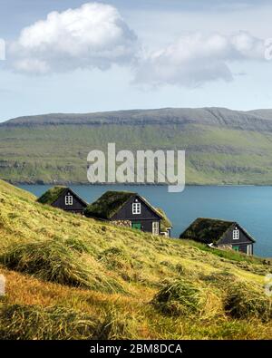 Vue pittoresque de tradicional le couvert des maisons du village Bour au cours de l'automne. Vagar et l'Île, Îles Féroé, Danemark. Banque D'Images