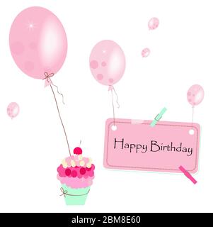 Carte de vœux de joyeux anniversaire avec gâteau, ballon et place pour le texte Illustration de Vecteur