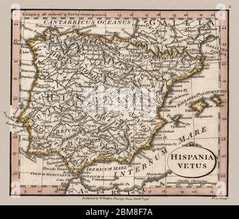 'Hispania Vetus.' La carte détaillée montre la péninsule ibérique. La carte montre le Portugal et l'Espagne d'aujourd'hui sur le continent publié vers 1798. Les noms de lieu sont en latin. Il s'agit d'une reproduction de carte historique très détaillée. Original d'un Atlas britannique publié par le célèbre cartographe William Faden. Banque D'Images