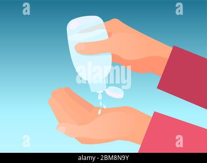 Vecteur d'une personne mains appliquant un antiseptique, désinfectant sur les paumes Illustration de Vecteur