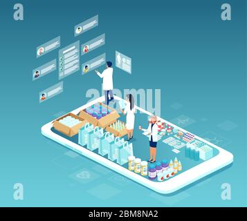 Commandez des médicaments sur Internet. Vecteur de pharmacie en ligne, avec un pharmacien communiquant avec les patients via une application mobile Illustration de Vecteur