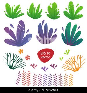 plantes nature arbustes et fleurs dans le style de dessin animé isolé sur blanc tropical exotiques feuilles drôle joie enfants Illustration de Vecteur