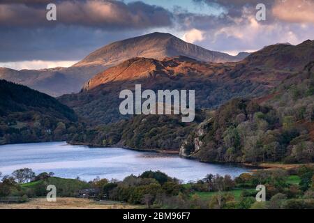 Premier feu sur Moel Hebog au-dessus de Llyn Gwynant, Nant Gwynant, parc national de Snowdonia, au nord du pays de Galles, Royaume-Uni Banque D'Images