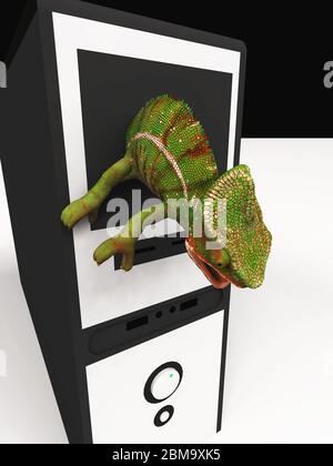 illustration 3d de caméléon et ordinateur lent Banque D'Images