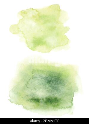Aquarelle verte présente des taches isolées sur fond blanc Banque D'Images