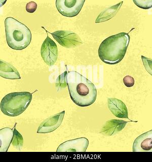 Motif sans couture avocat sur fond jaune peint par aquarelle Banque D'Images