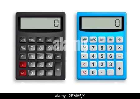 Jeu de vecteurs de calculatrice. Calculatrice de bureau en noir et bleu avec vue de dessus 3D Realistic look for design elements. Illustration vectorielle. Illustration de Vecteur