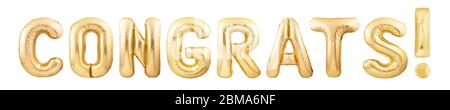 Félicitations ! mot de bienvenue en ballons dorés isolés sur fond blanc Banque D'Images