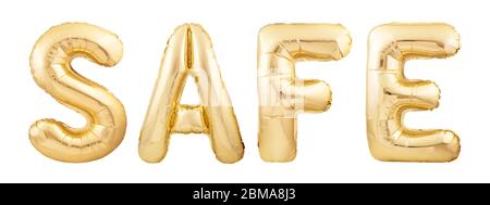Mot sûr fait de ballon gonflable doré isolé sur fond blanc Banque D'Images