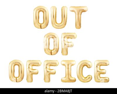 Hors de bureau mots faits de ballons gonflables dorés isolés sur fond blanc Banque D'Images