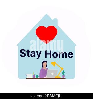 Femme à la maison travaillant sur un ordinateur portable. Texte « We sit at home » et hashtag, illustration plate. Vecteur Illustration de Vecteur
