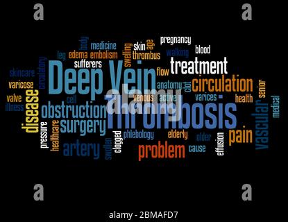 Concept de nuage de mots de thrombose profonde de veine sur fond noir. Banque D'Images