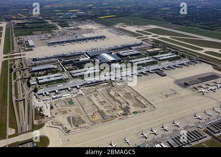 Vide aéroport de Munich à corona crise 2020, 07.05.2020, vue aérienne, Allemagne, Bavière, Muenchen Banque D'Images