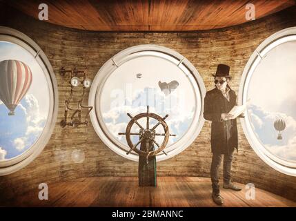 C'est un photomontage de fantaisie créé par moi. Où je me habille comme un aviateur steampunk et voler à travers les nuages. Banque D'Images