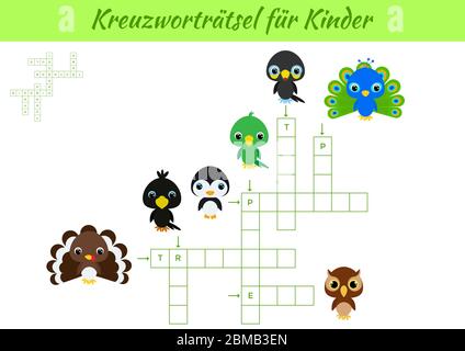 Kreuzworträtsel für Kinder - Crossword pour les enfants. Feuille d'activités pour enfants version imprimable colorée. Jeu éducatif pour étudier des mots allemands. Illustration de Vecteur