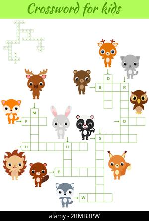 Jeu Crosswords d'animaux pour enfants avec des images. Feuille d'activités pour enfants version imprimable colorée. Jeu éducatif pour étudier les mots anglais. Illustration de Vecteur