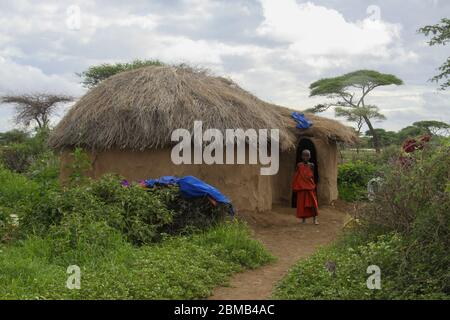 La cabane traditionnelle de Maasai (Masai) est construite en appliquant de la boue à un cadre de treillis de roseaux photographiés au Kenya Banque D'Images