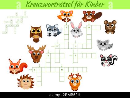Kreuzworträtsel für Kinder - Crossword pour les enfants. Feuille d'activités pour enfants version imprimable colorée. Jeu éducatif pour étudier des mots allemands. Illustration de Vecteur