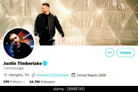 Twitter page (mai 2020) : Justin Timberlake - chanteur, compositeur, acteur et producteur américain de disques Banque D'Images