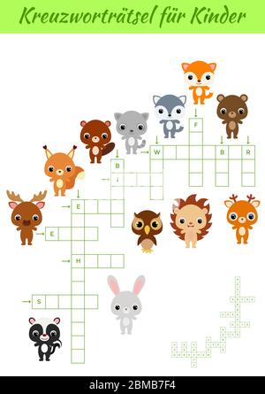 Kreuzworträtsel für Kinder - Crossword pour les enfants. Feuille d'activités pour enfants version imprimable colorée. Jeu éducatif pour étudier des mots allemands. Illustration de Vecteur