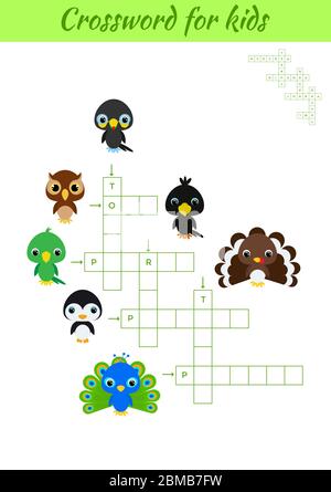 Jeu Crosswords d'animaux pour enfants avec des images. Feuille d'activités pour enfants version imprimable colorée. Jeu éducatif pour étudier les mots anglais. Illustration de Vecteur