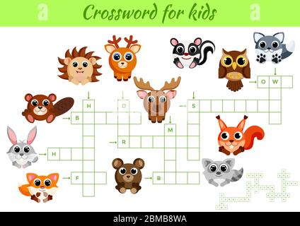 Jeu Crosswords d'animaux pour enfants avec des images. Feuille d'activités pour enfants version imprimable colorée. Jeu éducatif pour étudier les mots anglais. Illustration de Vecteur