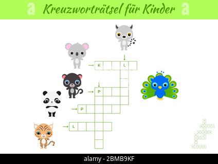 Kreuzworträtsel für Kinder - Crossword pour les enfants. Feuille d'activités pour enfants version imprimable colorée. Jeu éducatif pour étudier des mots allemands. Illustration de Vecteur